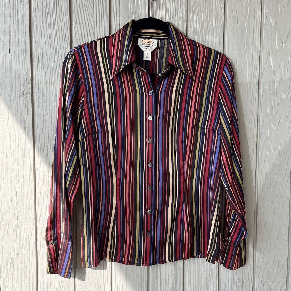 VTG Talbots Silk Stretch Striped 90s Top Shirt - Size 8 Petite - Picture 8 of 8